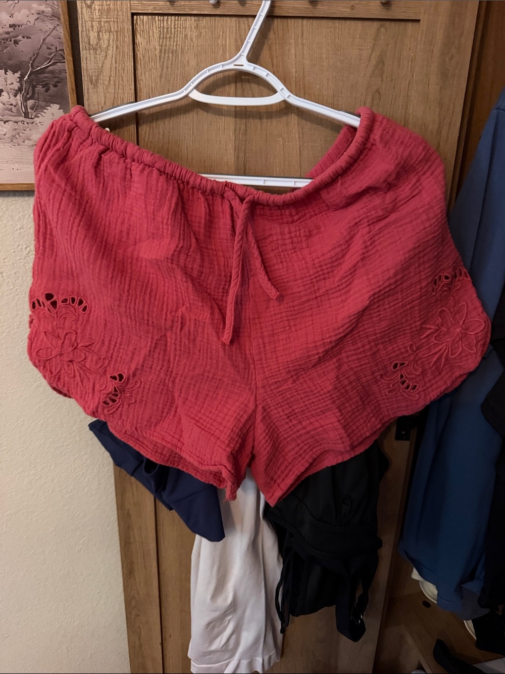 Universal Thread Red Gauze Drawstring Shorts with Eyelet Trim